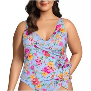 Lands' End Side Tie Wrap Tankini Swim Top Cloud Blue Floral Plus Size 18W